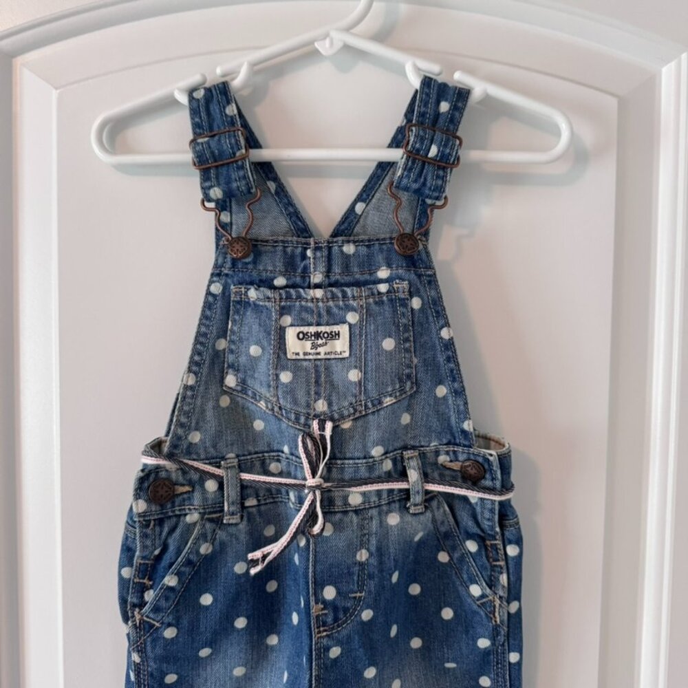 OshKosh Bgosh 18 month denim overalls w/polka dots & belt, snaps for diaper chng